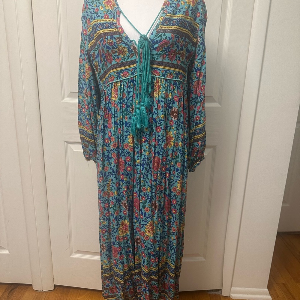 Bohemian Floral Green and Blue Cotton Maxi Dress Size 8/10